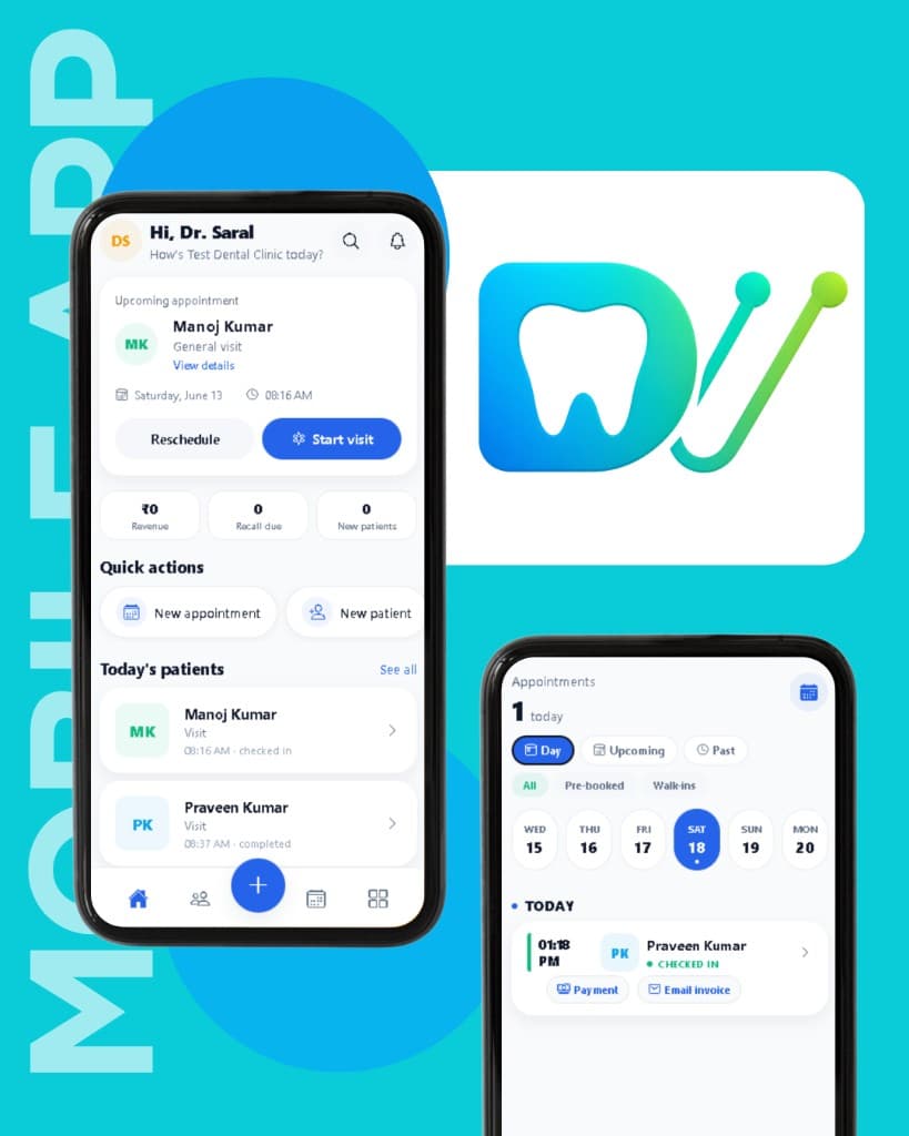 Dentvora mobile app on Android showing clinic dashboard and appointments